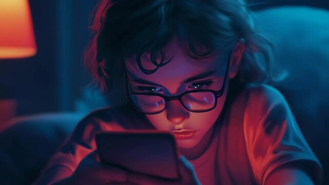 Focused girl staring at smartphone screen, Unprotected child online concept