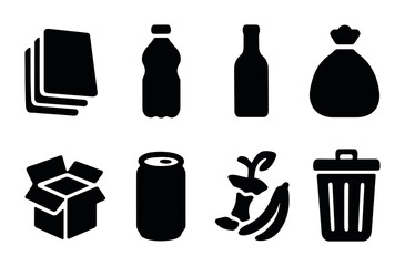Recycling and waste management icon set – solid style eco-friendly, sustainability, and environmental symbols: paper stack, plastic bottle, glass bottle, garbage bag, box, soda can, food waste, trash