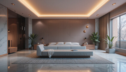 Serene bedroom interior with a modern sofa, ambient lighting, and marble flooring, exuding luxury and comfort.