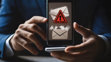 Cyber Threat Man holds phone showing alert. Use stock. Security risk