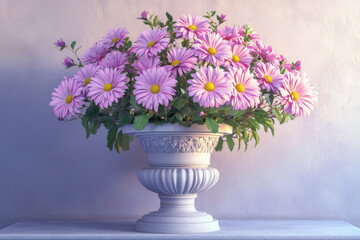 Obraz premium Pink daisies with decorative elements elegantly placed on a pedestal in 3d rendering for a fresh and artistic display