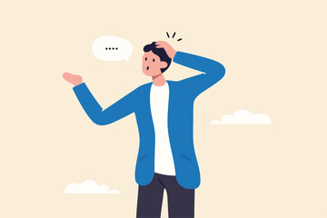 Awkward moment, embarrassment conversation, nervous and incompetent, dull moment or cannot answer question concept, awkward confused and shrug businessman with helpless speech bubble.