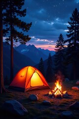 Twilight embraces glowing tent beside crackling campfire; tall pines surround , adventure, glow, dark