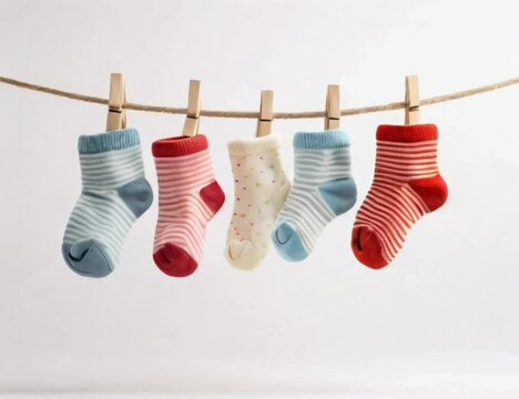 baby socks on a clothesline on white background