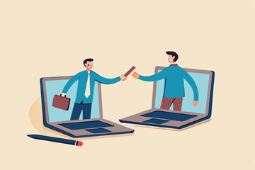 Obraz premium Outsourcing hiring outside worker to perform service, pass or transfer work to other team, remote work or telework concept, businessman boss pass or relay baton to outsource team to work remotely.