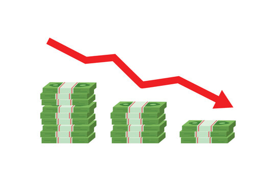 Decreasing money stack with red arrow. Financial loss and decline concept. Vector flat design isolated