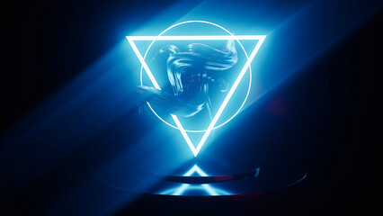 Neon abstract 3D sculpture in a dark setting with glowing geometric shapes
