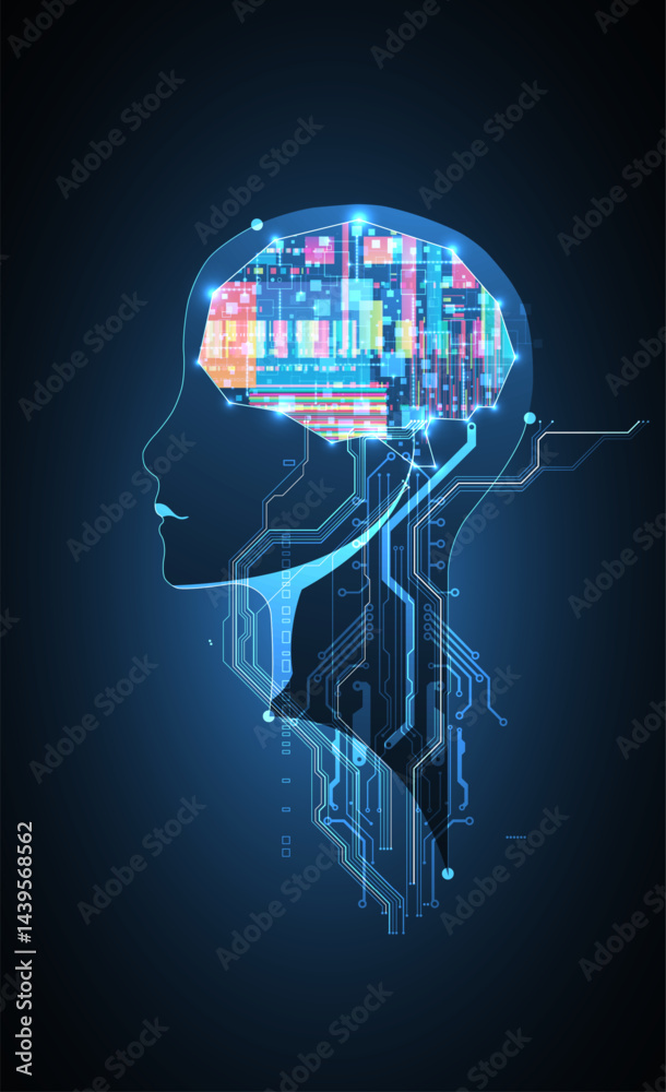 Leinwandbilder Abstract background on the theme of artificial intelligence. Brain shape with technological elements inside the contour.