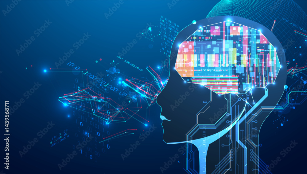 Leinwandbilder Abstract background on the theme of artificial intelligence. Brain shape with technological elements inside the contour.