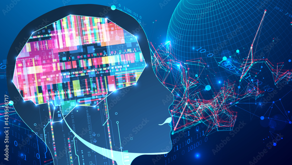 Leinwandbilder Abstract background on the theme of artificial intelligence. Brain shape with technological elements inside the contour.