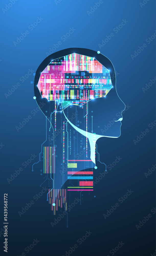 Poster Abstract background on the theme of artificial intelligence. Brain shape with technological elements inside the contour.