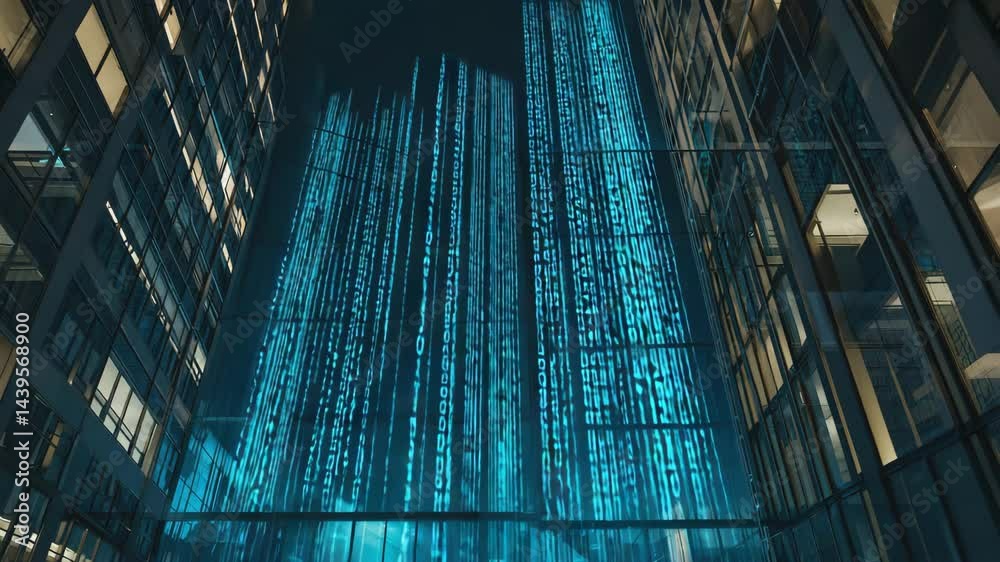 Poster digital wave of binary code flowing through an urban landscape.