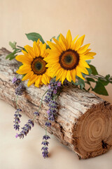 A close-up of a rough wooden log paired with golden autumn leaves capturing the beauty of nature