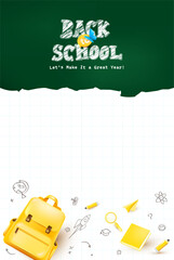 Fototapeta na wymiar Creative back to school poster with torn chalkboard header yellow backpack and notebook paper background perfect for education flyers and certificates