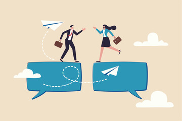 Communication or work discussion, sending message or telling new idea, conversation to gather information and solution concept, businessman and woman having conversation on chat speech bubble.