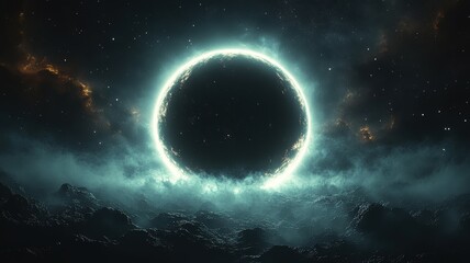 Fototapeta premium Nebula Eclipse: Eerie Planetscape with Luminous Halo planet eclipse space nebula cosmos universe sky