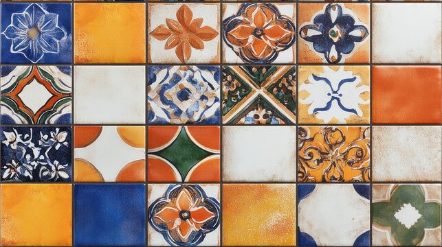 Colorful patterned tiles, mosaic design, wall or floor,  background with various flowers and patterns