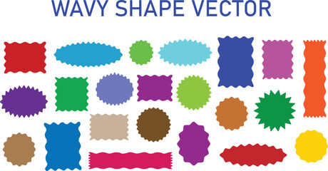 Wavy colorful circular, oval and rectangular shape elements set vector illustration. Scallop squiggly borders frame collection.