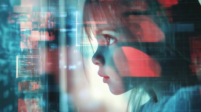 Side profile of child with data streams, Unprotected child online concept