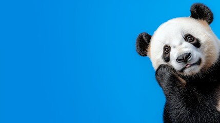 Obraz premium Panda Looking Curious on Blue Background with Space for Text