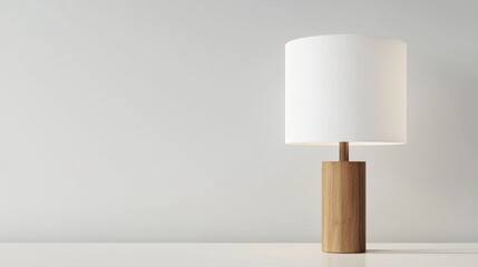 Modern minimalist table lamp with a cylindrical white shade and wooden base on white background.