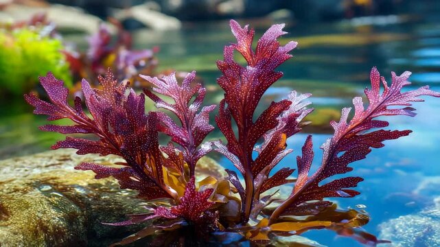Vibrant closeup showcasing red algae growing on rocks in shallow water, creating a colorful aquatic scene.