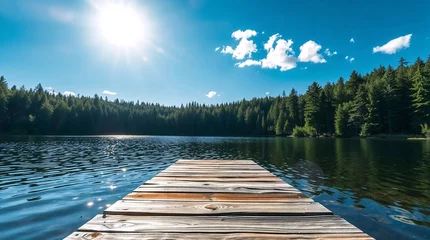 Schapenvacht deken Summer lake in the forest with a wooden dock on a sunny day. © sonderstock
