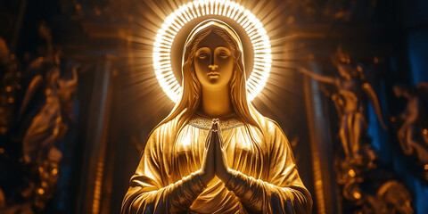 Fototapeta premium Holy Mary statue with hands together positioned in religious temple and illuminated by halo at nighttime
