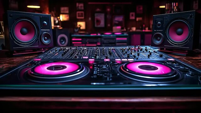 DJ equipment in a dark, vibrant club.