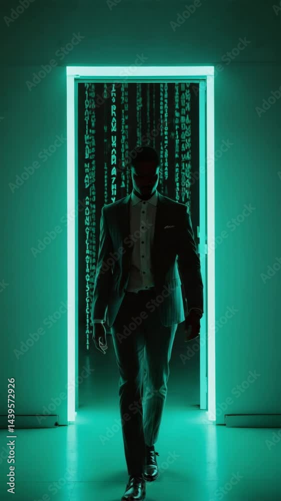 Poster Man stepping through projected door frame into code-filled environment.
