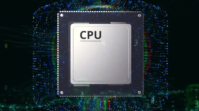 3d rendering cpu chip on dark blue background 4k footage