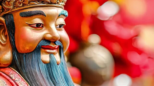 Close-up of Golden Chinese God of Wealth Statue