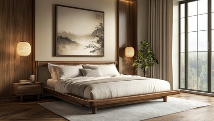 Modern minimalist bedroom with wooden furniture, beige linens, and scenic artwork