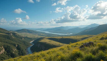 Obraz premium Stunning Landscape View of a River Winding Through Mountains in Bright Daylight With Scattered Clouds