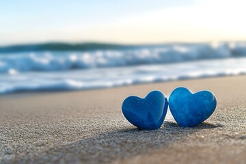 Fototapeta premium Two Blue Heart-Shaped Stones on a Sandy Beach with Ocean Waves and Coastal Serenity