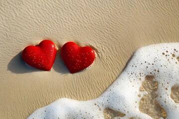 Obraz premium Two Red Hearts on Sandy Beach with Ocean Waves in a Romantic Coastal Setting