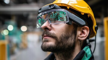 Worker monitors equipment performance with AI-enhanced wearable headset in futuristic paper mill