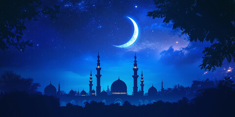 Islamic festival of sacrifice background featuring a silhouette and a mosque illuminated by crescent moonlight