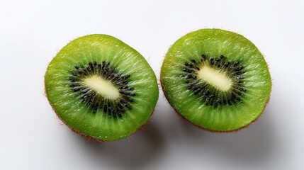 Fototapeta premium Fresh kiwi halves with vibrant green and black details, showcasing natural freshness and texture. 