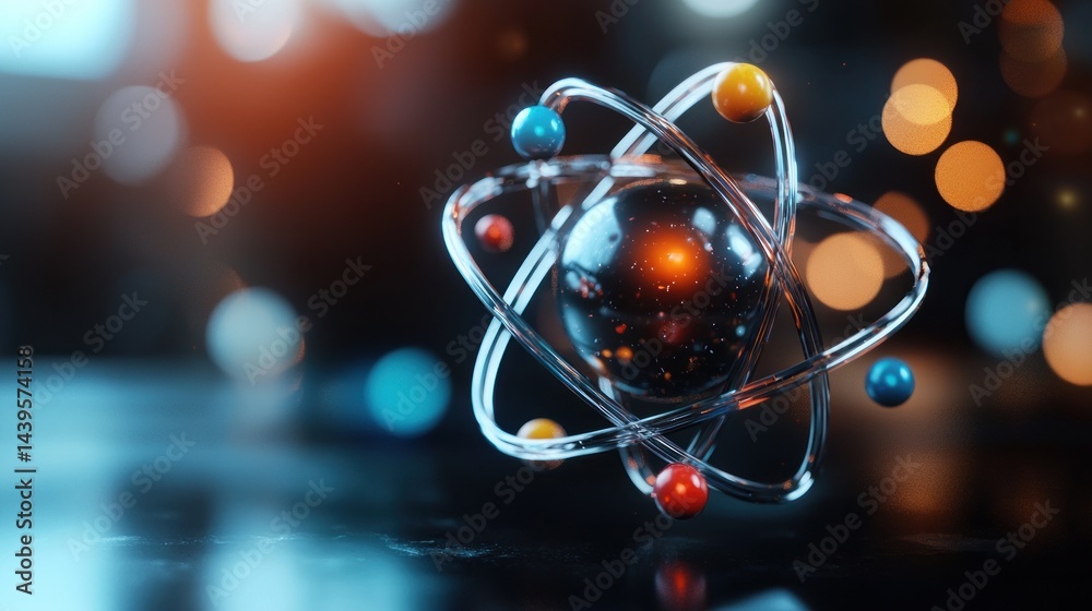 Poster abstract atom model, floating in dark studio, glowing bokeh background