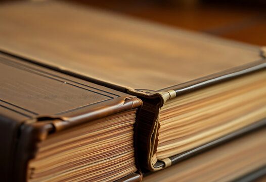 stack of brown books sitting on top of a wooden table