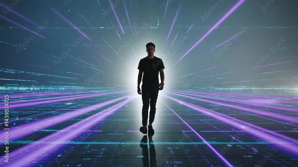 Fototapete Silhouette of man walking across grid floor with glowing data pathways. 