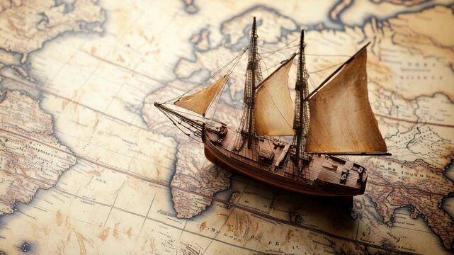 Detailed model ship on a vintage world map representing exploration, travel and adventure, nautical history, navigation concept with sails, wood
