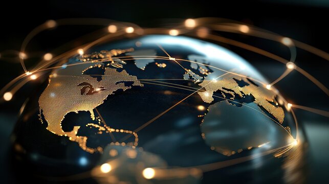 Global Network Connections - World Map with Golden Connections in a Dark Background