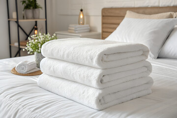 A stack of neatly folded, white soft towels placed on a pristine white bed, creating a clean, fresh, and cozy atmosphere at home. The close-up shot emphasizes the softness and comfort of the towels, p