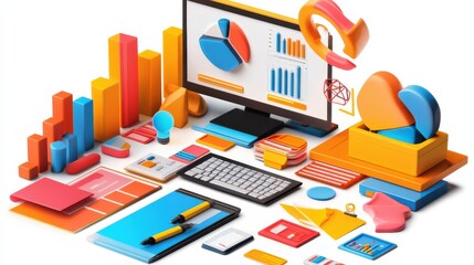 Colorful Business Dashboard with Charts and Office Supplies on a Desk