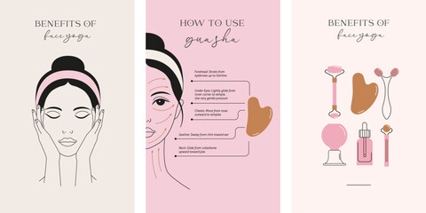 Obraz premium Face massage, Gua sha massage, self care, skincare illustrations. Minimalist clean design