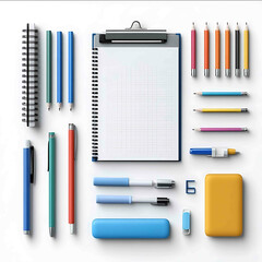 office supplies top view realistic photo white background