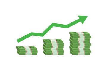 Increasing money stack with green arrow. Financial growth and investment concept. Vector flat design isolated