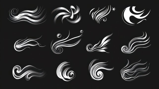 Abstract silver swirls on black; design elements